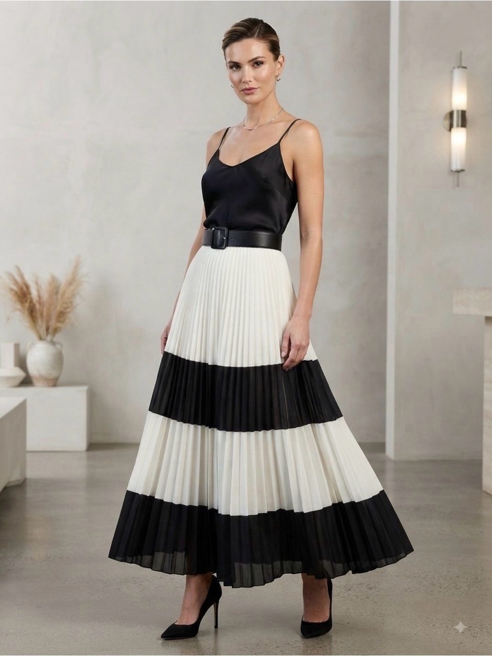 Black & White Pleated Maxi Skirt - Classic Colorblock